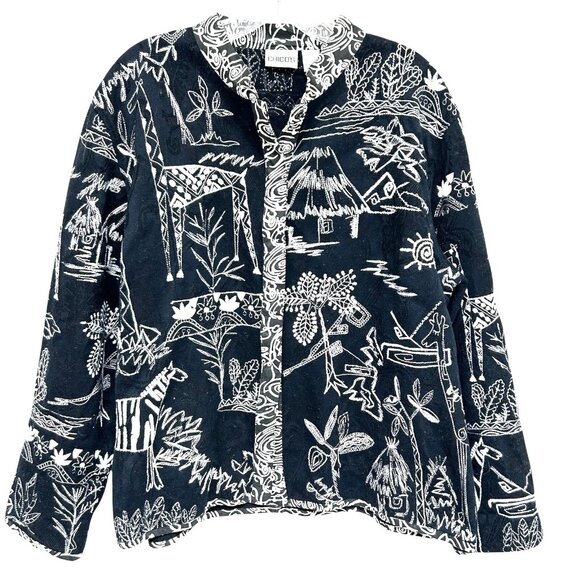 Chico's Black White Tribal Print Embroidered Jacket Blazer 3 XL Western Office - Picture 1 of 9